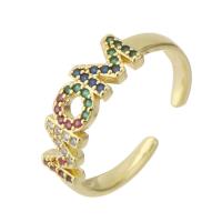 Brass Cuff Finger Ring, Alphabet Letter, gold color plated, fashion jewelry & micro pave cubic zirconia & for woman, multi-colored, 5mm, 10PCs/Lot, Sold By Lot