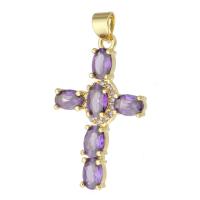 Cubic Zirconia Micro Pave Brass Pendant Cross gold color plated fashion jewelry & micro pave cubic zirconia & for woman purple Sold By Lot