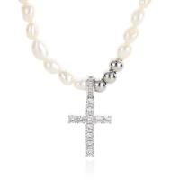Titanium Steel Necklace, with pearl, Cross, Unisex & with rhinestone, white, 40.50mm, Length:Approx 19.69 Inch, Sold By PC