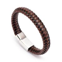 PU Leather Cord Bracelets with Titanium Steel silver color plated for man brown Length 7.09 Inch Sold By PC