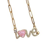 Cubic Zircon Micro Pave Brass Necklace, with Pink Shell, with 1.96 extender chain, Alphabet Letter, gold color plated, micro pave cubic zirconia & for woman, golden, nickel, lead & cadmium free, 9.50x27.40mm, Length:17.71 Inch, Sold By PC