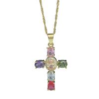 Cubic Zircon Micro Pave Brass Necklace with Cubic Zirconia Cross gold color plated for woman nickel lead & cadmium free Length 17.71 Inch Sold By PC
