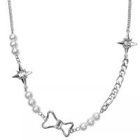 Rustfrit stål smykker halskæde, med Plastic Pearl, Butterfly, for kvinde & hule, nikkel, bly & cadmium fri, Længde Ca. 15.7 inch, Solgt af PC