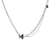 Stainless Steel Jewelry Necklace, 314 Stainless Steel, with Tibetan Style pendant & Plastic Pearl, with 1.96inch extender chain, Butterfly, fashion jewelry & for woman & with rhinestone, nickel, lead & cadmium free, Length:Approx 16.9 Inch, Sold By PC