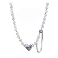 Zinc Alloy Jewelry Necklace 314 Stainless Steel with zinc alloy pendant & Plastic Pearl with 1.96inch extender chain Heart with letter pattern & for woman & with rhinestone nickel lead & cadmium free Length Approx 16.5 Inch Sold By PC