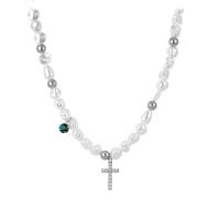 Collar de perlas de plástico, con Perlas plásticas, con 1.96inch extender cadena, Cruces, unisexo & con diamantes de imitación, libre de níquel, plomo & cadmio, longitud:aproximado 15.3 Inch, Vendido por UD