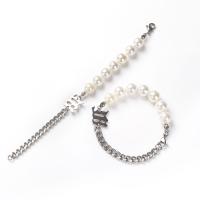 Titanium Steel Bracelet, with Freshwater Pearl, Unisex, mixed colors, Length:Approx 21 cm, Sold By PC