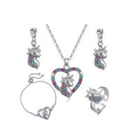 Zinc Alloy Jewelry Sets finger ring & bracelet & earring & necklace Unicorn silver color plated 4 pieces & with rhinestone silver color nickel lead & cadmium free Sold By Set