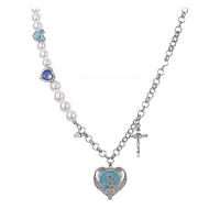 Tibetan Style Jewelry Necklace, 314 Stainless Steel, with Plastic Pearl & Tibetan Style, Heart, for woman & with rhinestone, nickel, lead & cadmium free, Length:Approx 15.3 Inch, Sold By PC