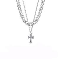 Stainless Steel Jewelry Necklace 314 Stainless Steel with zinc alloy pendant Cross Double Layer & Unisex & with rhinestone Length Approx 17.3 Inch Sold By PC