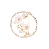Cubic Zirconia Brooch Brass with White Shell & Plastic Pearl Plum Blossom real gold plated micro pave cubic zirconia & for woman & hollow nickel lead & cadmium free Sold By Lot