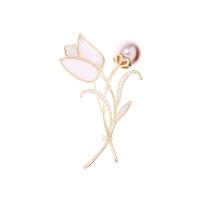 Cubic Zirconia Brooch, Brass, with White Shell & Plastic Pearl, Flower, real gold plated, micro pave cubic zirconia & for woman, nickel, lead & cadmium free, 40x56mm, 10PCs/Lot, Sold By Lot