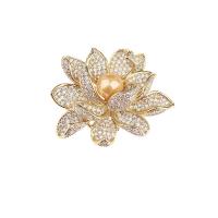 Cubic Zirconia Brooch, Brass, with Plastic Pearl, Lotus, real gold plated, micro pave cubic zirconia & for woman, more colors for choice, nickel, lead & cadmium free, 47x37mm, 10PCs/Lot, Sold By Lot