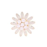 Cubic Zirconia Brooch, Brass, with Plastic Pearl, Flower, real gold plated, micro pave cubic zirconia & for woman, nickel, lead & cadmium free, 37x37mm, 10PCs/Lot, Sold By Lot