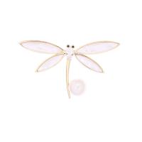 Cubic Zirconia Brooch, Brass, with White Shell & Plastic Pearl, Dragonfly, real gold plated, micro pave cubic zirconia & for woman, nickel, lead & cadmium free, 55x32mm, 10PCs/Lot, Sold By Lot