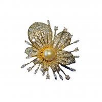 Plastic Pearl Brooch, Brass, with Plastic Pearl, Flower, real gold plated, Unisex & micro pave cubic zirconia, nickel, lead & cadmium free, 46x42mm, 10PCs/Lot, Sold By Lot