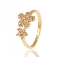 Brass Cuff Finger Ring, Flower, gold color plated, micro pave cubic zirconia & for woman, golden, nickel, lead & cadmium free, 21mm, Sold By PC