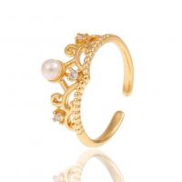 Mässing Cuff finger ring, med Plast Pearl, Crown, guldfärg pläterade, micro bana cubic zirconia & för kvinna, gyllene, nickel, bly och kadmium gratis, 20mm, Säljs av PC