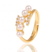 Brass Open Finger Ring, with Plastic Pearl, gold color plated, micro pave cubic zirconia & for woman, golden, nickel, lead & cadmium free, 21mm, Sold By PC