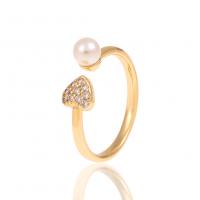 Brass Cuff Finger Ring, with Plastic Pearl, Heart, gold color plated, micro pave cubic zirconia & for woman, golden, nickel, lead & cadmium free, 20mm, Sold By PC