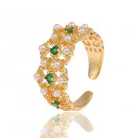 Messing Manschette Fingerring, mit Kunststoff Perlen, goldfarben plattiert, Micro pave Zirkonia & für Frau, goldfarben, frei von Nickel, Blei & Kadmium, 21mm, verkauft von PC