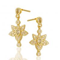 Brass Drop Earring Flower gold color plated micro pave cubic zirconia & for woman golden nickel lead & cadmium free Sold By Pair