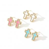 Cubic Zirconia Micro Pave Brass Earring, Cross, gold color plated, micro pave cubic zirconia & for woman & enamel, more colors for choice, nickel, lead & cadmium free, 9x13mm, Sold By Pair