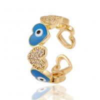 Brass Cuff Finger Ring Heart gold color plated evil eye pattern & micro pave cubic zirconia & for woman & enamel nickel lead & cadmium free 21mm Sold By PC