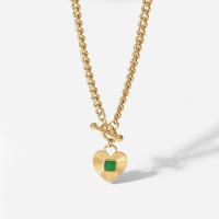 Stainless Steel Jewelry Necklace, 304 Stainless Steel, with Green Agate, with 1.57inch extender chain, Heart, Vacuum Ion Plating, fashion jewelry & for woman, golden, 21.10x24.40mm, Length:Approx 17.32 Inch, Sold By PC