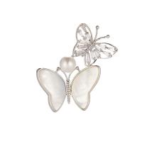 Shell Brooch, Brass, with White Shell & Plastic Pearl, Butterfly, platinum color plated, micro pave cubic zirconia & for woman & hollow, 40x41mm, Sold By PC