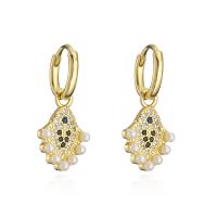 Huggie Hoop Drop Earring Brass with Plastic Pearl 18K gold plated micro pave cubic zirconia & for woman Sold By Pair