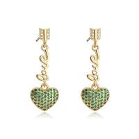 Brass Drop Earring, Heart, 18K gold plated, micro pave cubic zirconia & for woman, more colors for choice, 12x33mm, Sold By Pair