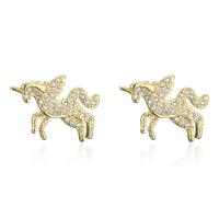 Cubic Zirconia Micro Pave Brass Earring, Unicorn, 18K gold plated, micro pave cubic zirconia & for woman, 17x12mm, Sold By Pair