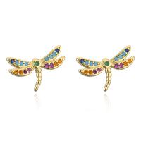Cubic Zirconia Micro Pave Brass Earring, Dragonfly, 18K gold plated, micro pave cubic zirconia & for woman, multi-colored, 14x11mm, Sold By Pair