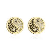 Cubic Zirconia Micro Pave Brass Earring, Flat Round, 18K gold plated, ying yang & micro pave cubic zirconia & for woman, 12x12mm, Sold By Pair