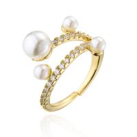 Brass Cuff Finger Ring with Plastic Pearl 18K gold plated Adjustable & micro pave cubic zirconia & for woman 18mm Sold By PC