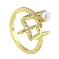 Cúbicos Circonia Micro Pave anillo de latón, metal, con Perlas de plástico ABS, chapado en color dorado, Joyería & micro arcilla de zirconia cúbica, dorado, 19mm, tamaño:7, 10PCs/Grupo, Vendido por Grupo
