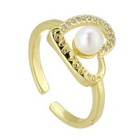 Mässing Cuff finger ring, med ABS plast pärla, guldfärg pläterade, Justerbar & mode smycken & micro bana cubic zirconia, gyllene, 12x12mm, Storlek:6, 10PC/Lot, Säljs av Lot