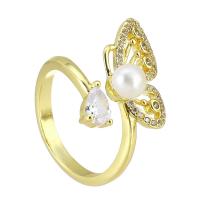 Brass Cuff Finger Ring, with ABS Plastic Pearl, gold color plated, Adjustable & fashion jewelry & micro pave cubic zirconia, golden, 18x11mm, 10PCs/Lot, Sold By Lot