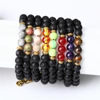 Gemstone Bracelets, Natural Stone, with Lava & Tibetan Style, Round, gold color plated, different materials for choice & Unisex, more colors for choice, 8mm, Length:Approx 7.5 Inch, Sold By PC