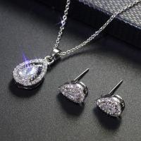 Cubic Zirconia Micro Pave Tibetan Style Jewelry Sets, Stud Earring & necklace, with Cubic Zirconia, Teardrop, silver color plated, 2 pieces & for woman, white, nickel, lead & cadmium free, 2PCs/Set, Sold By Set