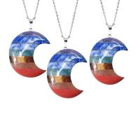 Gemstone Pendants Jewelry with Korean Waxed Cord & Brass Moon silver color plated mixed colors 30mm Sold By PC