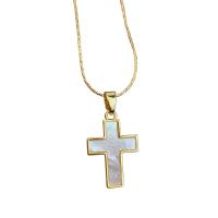 Shell Necklaces, Brass, with White Shell, with 1.96 inch extender chain, Cross, gold color plated, for woman, golden, nickel, lead & cadmium free, 15.70x135x23mm, Length:17.71 Inch, Sold By PC