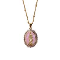 Shell Necklaces, Brass, with Pink Shell, Round, gold color plated, micro pave cubic zirconia & for woman, golden, nickel, lead & cadmium free, 15.50x21.80mm, Length:17.71 Inch, Sold By PC
