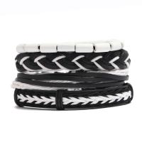 Cowhide Bracelet, with Linen & PU Leather & Wax Cord & Wood, 4 pieces & Unisex, 6cm, Length:Approx 17-18 cm, Sold By Set