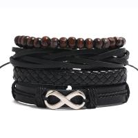Cowhide Bracelet, with Linen & PU Leather & Wax Cord & Wood & Tibetan Style, 4 pieces & Unisex, 6cm, Length:Approx 17-18 cm, Sold By Set