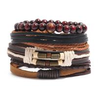 cuir PU Set de bracelet, avec Chanvre & cuir de peau de vache & corde de cire & bois, 4 pièces & unisexe, 6cm, Longueur Environ 17-18 cm, Vendu par fixé