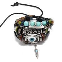 Cowhide Bracelet with turquoise & Linen & Wood & Copper Coated Plastic & Zinc Alloy fashion jewelry & Unisex Length Approx 17 cm Sold By PC