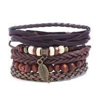 PU Leather Bracelet Set, with Cowhide & Wood & Iron, handmade, 4 pieces & Unisex, 6cm, Length:Approx 17-18 cm, Sold By Set