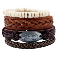Cowhide Bracelet, with Linen & Wood & Tibetan Style, handmade, 4 pieces & Unisex, 6cm, Length:Approx 17-18 cm, Sold By Set